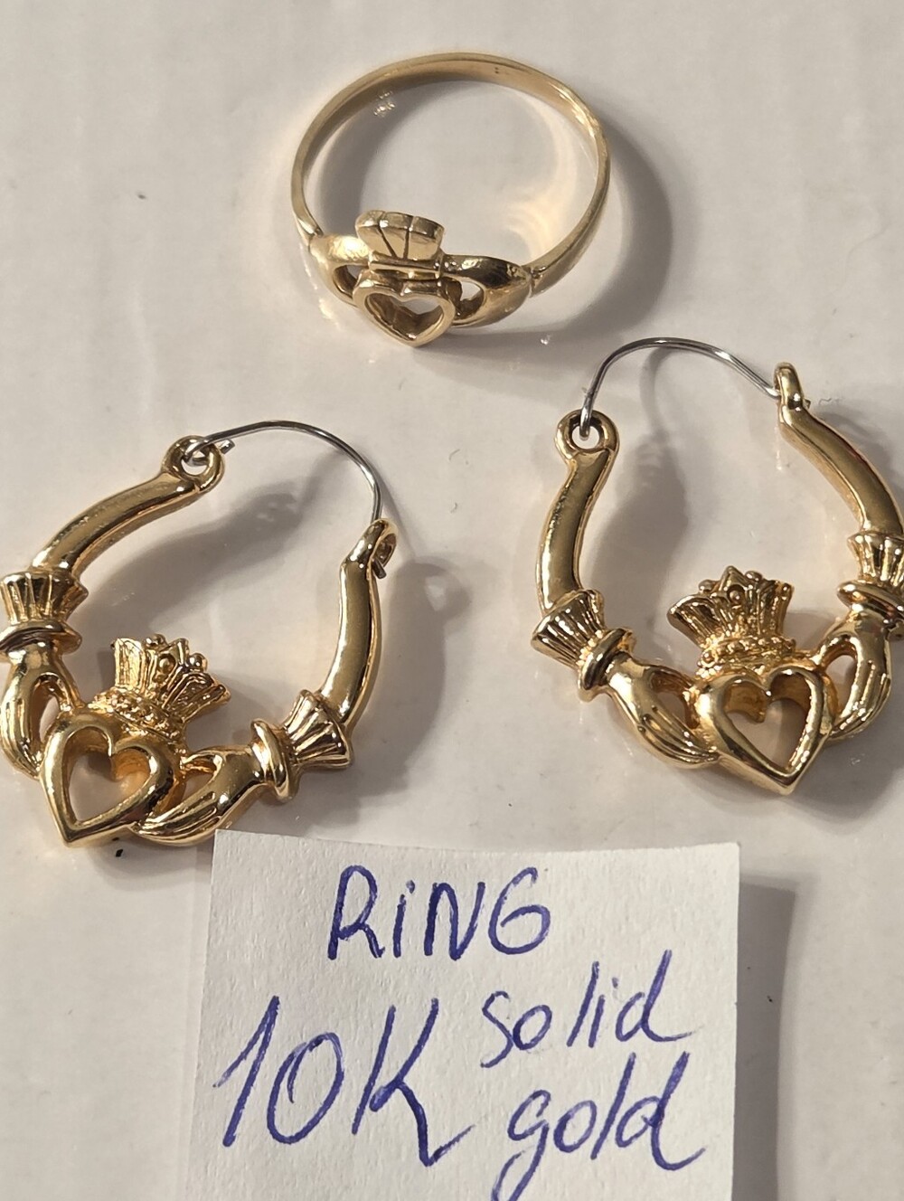 10K Solid Gold Claddagh Ring and Hoop Earrings Set - Gold